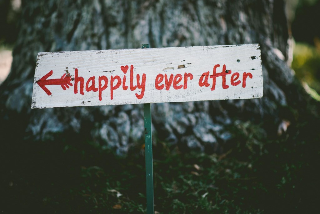 Holzschild mit Schriftzug hapily ever after